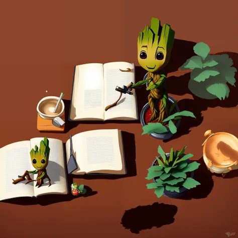 (chibisjstyle:1.1) baby groot reading a book, cute, by greg rutkowski