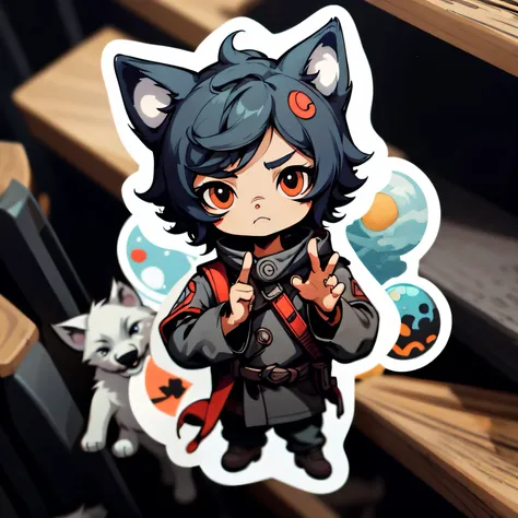 boy sticker with wolf ears on head, capuz, fundo simples, cabelos preto e olhos azuis