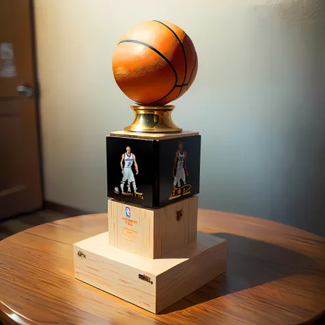 There is a basketball trophy on the table,There is a picture of a basketball on it, holding the larry obrien trophy, picture of the year award, winning artwork, dribble contest winner, high angle close up shot, award - winning shot, award-winning shot, NBA...