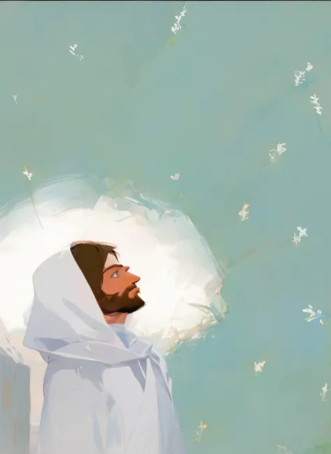 A man with short hair in a robe and a red coat,Jesus, He was thinking about eternity