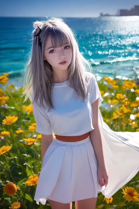 realisticlying,1girl,White hair,Purple eye,glowing light eyes,Cut the top,a skirt,parted lip,Be red in the face,the night,fresh flowers,suns,rays of sunshine,white skirt,short skirt,Medium length hair,Realiy,Warm colors,Short white dress,white clothes,B...