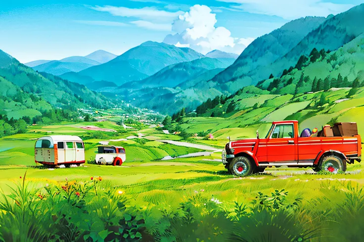 clear grassland river mountain range white clouds blue sky green space red car horse white piglet