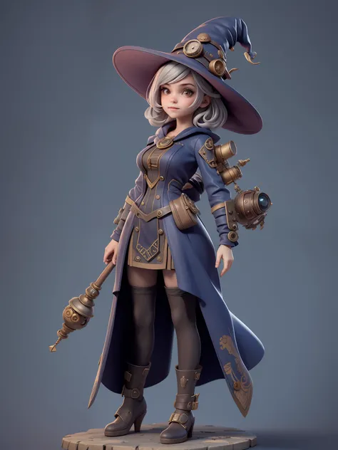 1menina, loira, in a Steampunk dress with a witchs hat