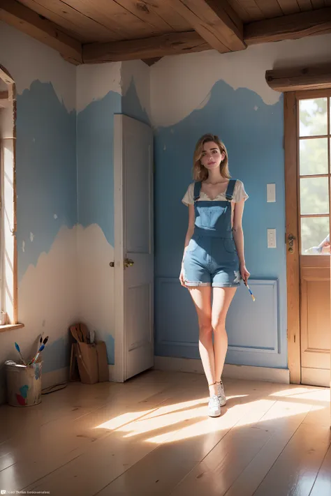 ((emma roberts stands in a room and paints the walls with the wall paint blue)), (she has small round breasts), ((nackter overal...