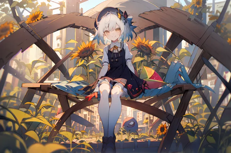 anime girl sitting on a bench with sunflowers in the garden, guviz, guweiz in pixiv artstation, guweiz on artstation pixiv, guvi...