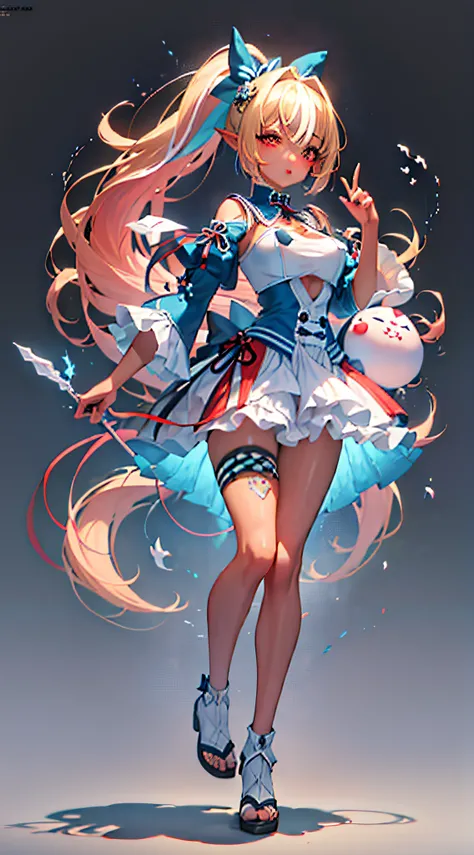 (((Masterpiece))), (best qualighy, best resolution:1.2), beautiful anatomy, perfect body, very delicate, super gorgeous composition, very beautiful hair, high ponytail, pink hair ornament, multicolored hair, absurderes, glowing eyes:1.2, reverse bunny outf...