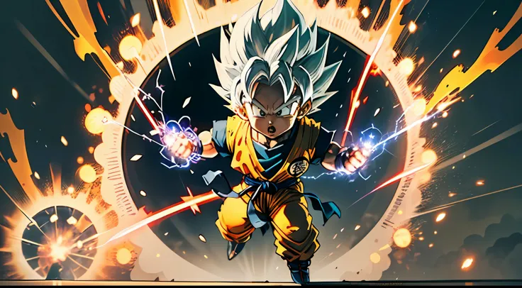 Masterpiece), (Extreme Quality), (Ultra Detailed), (delicate face), (detailed eyes), Full Body, 1 boy, (9 year old goku in super saiyan with white hair from Akira Toriyamas Dragon Ball manga: 1.7), solo, Chibi, Cute, perfect hands, (glowing metal objects h...