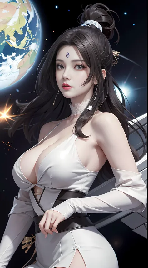 ((best qualtiy)), ((tmasterpiece)), (The is very detailed:1.3), 3D, big breasts beautiful, (cyber punk perssonage:1.6), In space, Starcloud, (holding_weapon:1.3), laser, (1Female mecha:1.3), Voluptious body, face to the viewer, glowing light eyes, full bod...