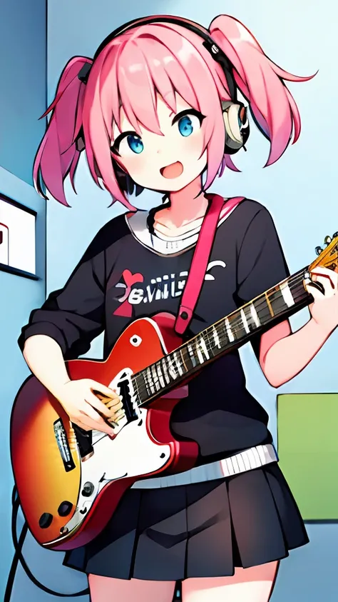 ((masterpiece, best quality)), 1girl, solo, black skirt, blue eyes, electric guitar, guitar, headphones, holding, holding plectrum, instrument, long hair,, music, one side up, pink hair, playing guitar, 褶皱裙子,黑色衬衫,室内