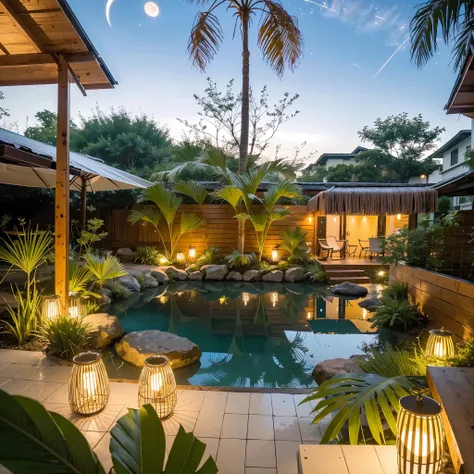 the lagoon is a shimmering mirror for the star-filled midnight sky, while the tiki bar provides a cozy soundtrack to the evening...