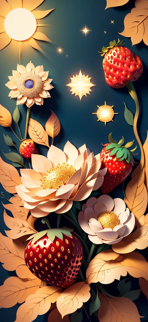 ((((masterpiece))), best quality, illustrations, beautiful details glow, golden glitters, paper_cut, strawberries, strawberry fl...