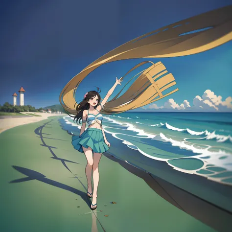 the two-dimensional long-legged beauty wears a skirt, stands on the beach with open arms and the wind blowing, and the long skir...