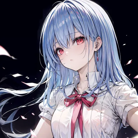animemanga girl,white color hair,JK school uniform,Big red eyes,Aggrieved expression