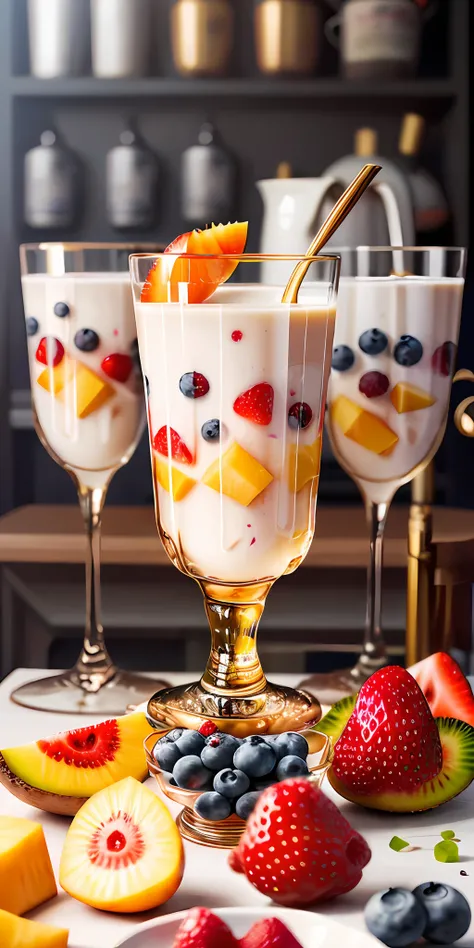 Healthy breakfast. Muesli and berry yogurt, CocktailWorld, scenery, landscape, Street, Depth of field , ((blurred background)), Masterpiece, Best Quality, ultra detail, (((Multi-layered jelly))) glass, stained glass windows, Multi-colored highlights, tmast...