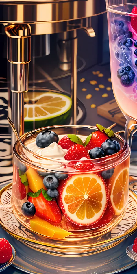 Healthy breakfast. Muesli and berry yogurt, CocktailWorld, scenery, landscape, Street, Depth of field , ((blurred background)), Masterpiece, Best Quality, ultra detail, (((Multi-layered jelly))) glass, stained glass windows, Multi-colored highlights, tmast...