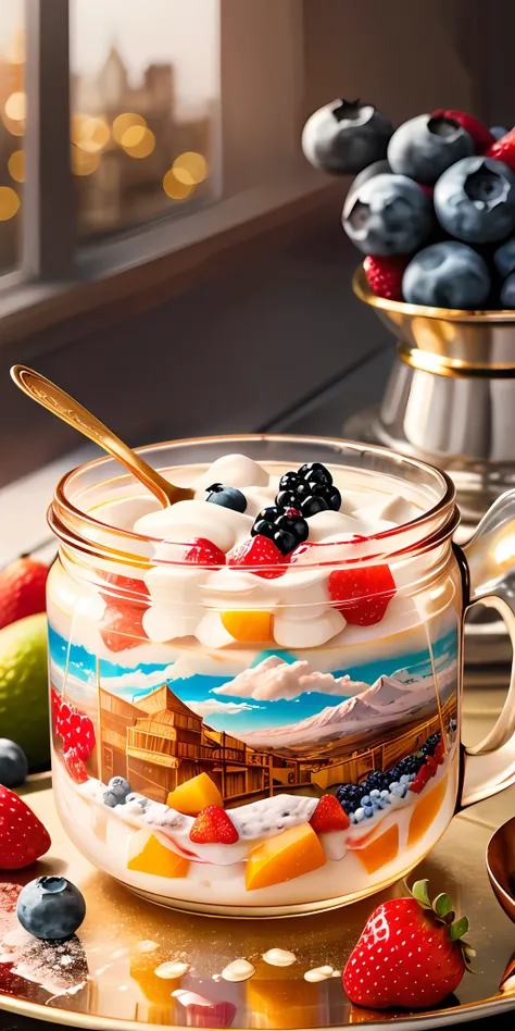Healthy breakfast. Muesli and berry yogurt, CocktailWorld, scenery, landscape, Street, Depth of field , ((blurred background)), Masterpiece, Best Quality, ultra detail, (((Multi-layered jelly))) glass, stained glass windows, Multi-colored highlights, tmast...