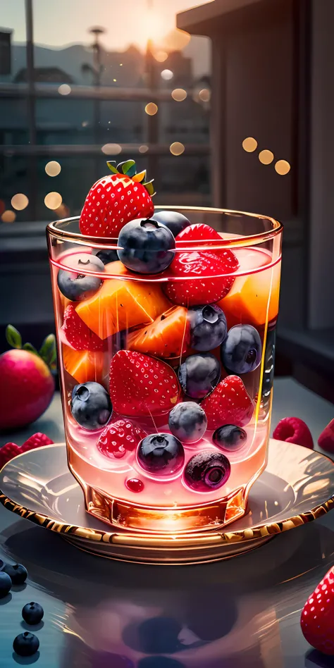 healthy breakfast. faceted glass, crystal, mother-of-pearl overflows, sun glare, different play of light,  muesli and berry yogu...