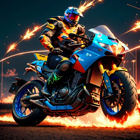 moto racing，mechs，nighttime scene，standard animation styles，uniquely designed body，stunning detailed，sparks flying，red and blue ...