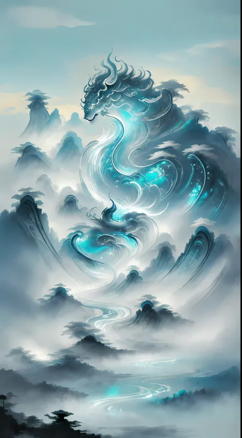 (high quality), epic, (glow: 1.3), ink painting, mythical creatures, dreamy clouds, turquoise mist, blizzard, (close-up: 1.2), (...