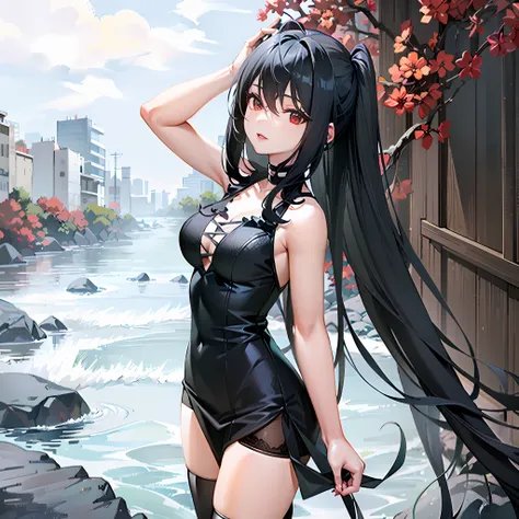 anime girl standing on cliff by the sea in black dress, seductive anime girls, anime girl wearing black dress, beautiful anime g...