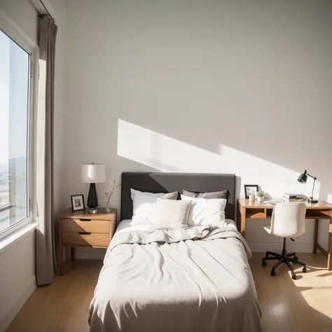 ,masterpiece, best quality,8k, ultra highres,Open the bedroom door,The minimalist style comes to the fore。The entire space is filled with a design concept that returns to its roots,The walls are mainly pure white,Embellished with minimalist and artistic bl...