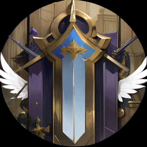 A purple shield,There are three swords and wings on it,medal