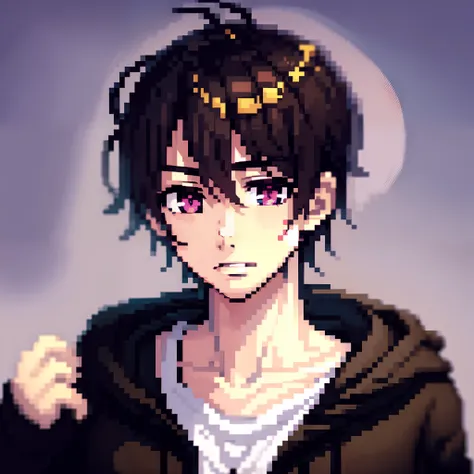 emo young man, handsome, dark purple hair, black eyes, portrait, wearing a purple hoodie, kuudere personality.