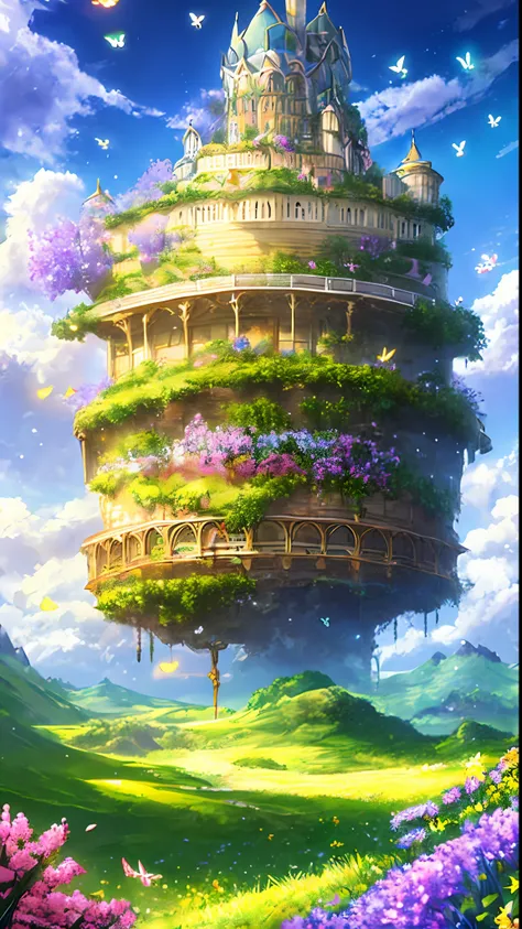 with a realistic、be authentic、beautifly、amazing landscape、expansive grasslands、flower bloom、floating fort in the sky、in isekai