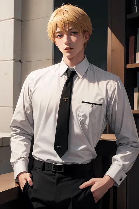 White collared shirt, Black tie, Black pants, Formal, masutepiece, Best Quality, High quality, 1boy, Solo, Male Focus, Looking at Viewer, Upper body, Denji, Realism, a blond