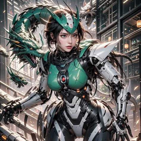 masterpiece, best quality, 8k, crazy details, super detailing, super quality, mechanical prosthesis, mech coverage, green armor,...