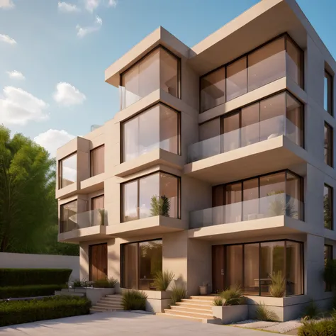 light circles:f/8 - f/16,Focalors:35mm,Low distortion,enduring,modernn architecture,Hyper-realistic,RAW photogr,Sharp focus,Tree background,rays of sunshine,Glasses windows,Wooden balcony,tmasterpiece,Large front yard,concrete wall,green landscape,Eyeglass...