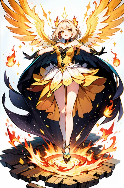 "white background, full body(1girl), beautiful phoenix wings, flowing yellow gradient dress, sparkling glitter, bright fiery lip...