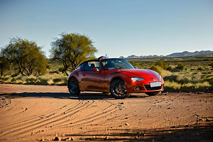 (dark red color)Gloomy photo of the Mazda MX5 simulation,((three fourths view)),(Dark sunset),Drive on dirt roads,(Run-down town),In 1969,((Horror Movie)),Killing movies,Texas Chainsaw Massacre,Amish worship,filmgrain,Retro,high detal,Sharp focus,((photore...