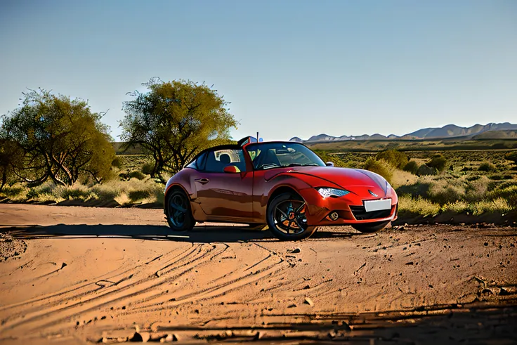 (dark red color)Gloomy photo of the Mazda MX5 simulation,((three fourths view)),(Dark sunset),Drive on dirt roads,(Run-down town),In 1969,((Horror Movie)),Killing movies,Texas Chainsaw Massacre,Amish worship,filmgrain,Retro,high detal,Sharp focus,((photore...