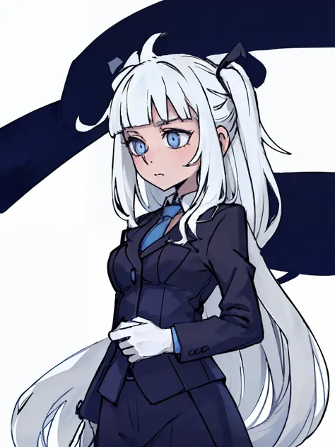 A girl frontal,((two sides up),(A half body),(White color hair),(blue color eyes)),In black suit,Blue lining,Young, White background
