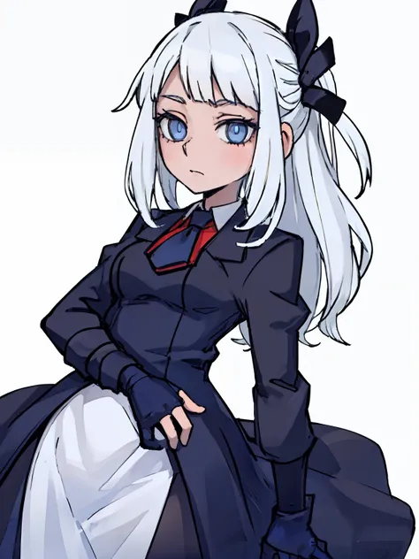 A girl frontal,((two sides up),(A half body),(White color hair),(blue color eyes)),In black suit,Blue lining,Young, White background