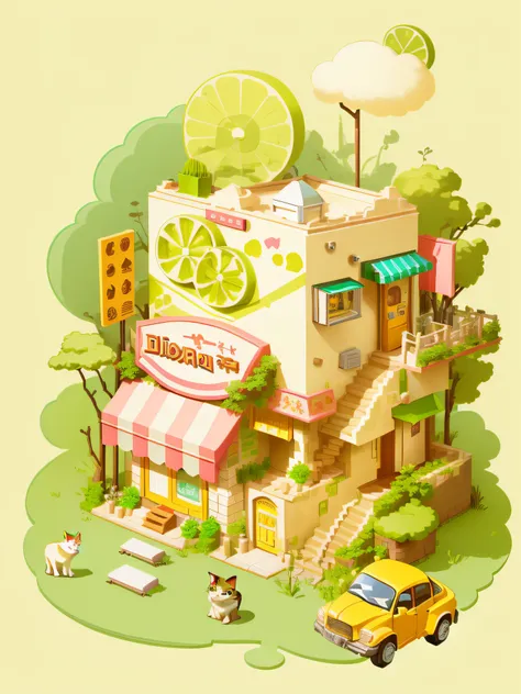 tmasterpiece，best quality at best，cartoony，3d，there is a cat on it，illustration of a small shop of a building and a car with a d...