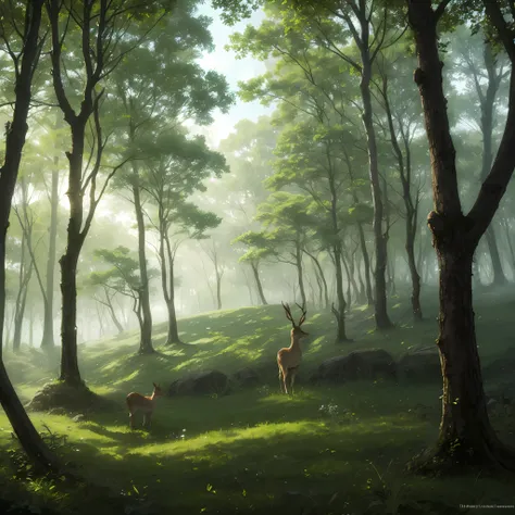 a mist grows in the green forest，a hint of sunlight shines down，irradiate into the forest of the fairy world，there is a fawn wit...