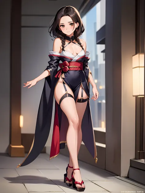 (masterpiece:1.2),The best quality illustrations,high-detail,solo,Beautiful detailed girl,25yo,Japanese Women,(slicked back hair),forehead,(sidelocks),(medium hair),Brown eyes,(very small breasts),skimpy,full body,white stocking,blushing,looking at the vi...