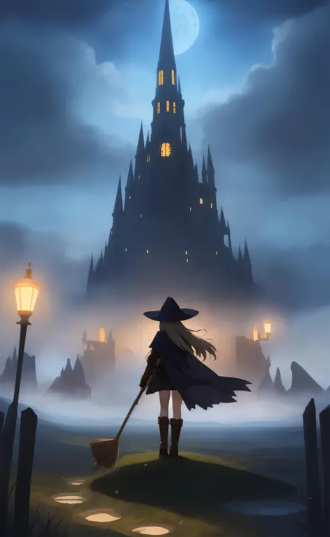 masterpiece, best quality, ultra-detailed, illustration, 1girl, solo, fantasy, flying, broom, night sky, outdoors, magic, spells, moon, stars, clouds, wind, hair, cape, hat, boots, broomstick, glowing, mysterious, enchanting, whimsical, playful, adventurou...