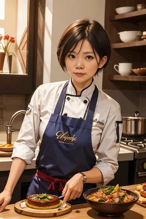 women ,55 years old, Buzz cut hair style , lecturer, Malaysian ,Singaporean, work at Tourism Management, chef wear,Culinary Arts