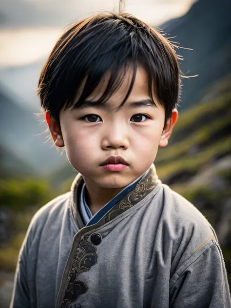 Close-up photo of a young Chinese boy in a poor mountainous area（（Wear shabby clothes）），（having fun），1girll，独奏，Black messy hair，very vey very detailed face，beautidful eyes，[Chubby]，adolable，Ruddy cheeks，brightly，Sad eyes，Breathtakingly beautiful，（Rembrandt...
