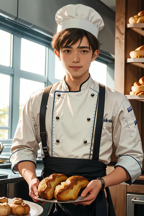 Handsome Men ,20 years old, Buzz cut hair style , lecturer, Malaysian , work at Tourism Management, chef wear,Bakery & Pastry Arts,((( wear chef hat)))