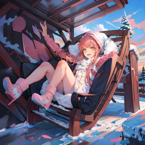 1girl, pink hair, on sled, outside, winter background