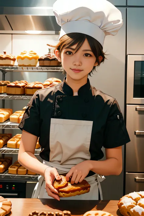 lady ,20 years old, Buzz cut hair style , lecturer, Malaysian , work at Tourism Management, chef wear,Bakery & Pastry Arts,((( wear chef hat)))