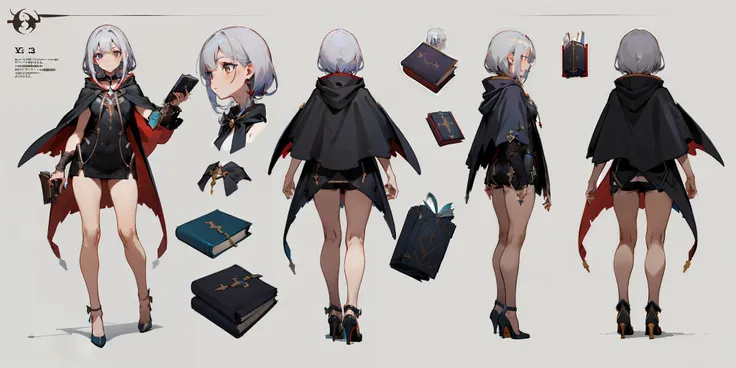 1 witch，wear a cape hood，naked leg，high-heels，carry a magic book，concept-art，full bodyesbian，the front of the same character, si...