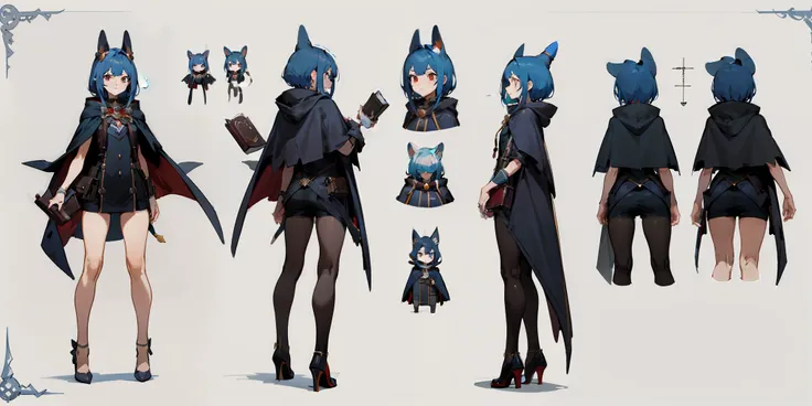 1 witch，wear a cape hood，naked leg，high-heels，carry a magic book，concept-art，full bodyesbian，the front of the same character, si...