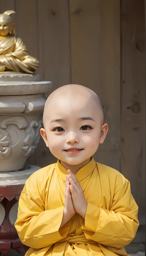 A 3-year-old bald monk,Libido boy,Wearing a white monks robe,Chubby little face,Big round eyes,A High Bridge of nose,With a smile,had his hands folded,Sit cross-legged。Lotus pattern on background。k hd