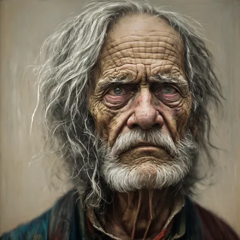 a portrait of poor american soldier 1800 old in rags, ((overwhelming fatigue )), wrinkles of age, concept art, oil pastel painti...