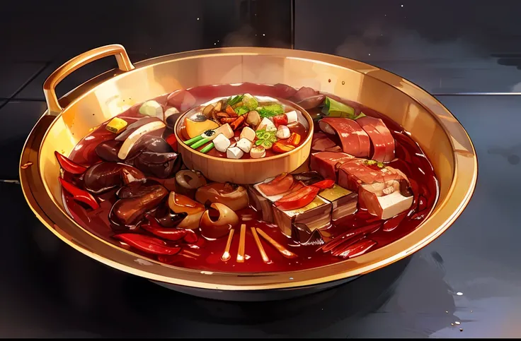 hot pot，chongqing，sichuan，copper pan，chili pepper，lamb slices，verdure，enoki mushroom，k hd，pubic area is clear，multi-detail，shiit...